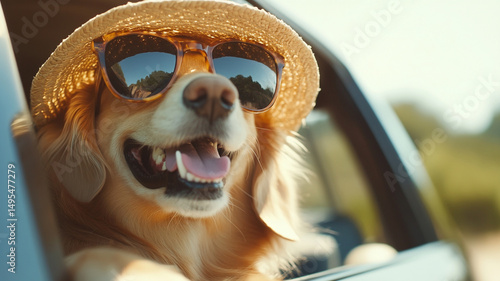 Happy dog wearing sunglasses and straw hat sitting in car