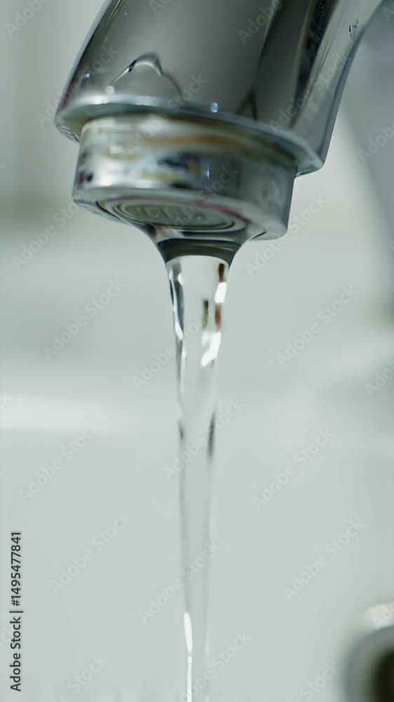 Clean Water Flowing from Modern Chrome Faucet Close-Up Clean Water Flowing from Modern Chrome Faucet Close-Up