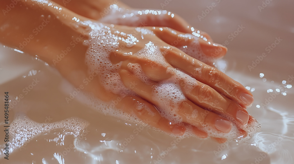 Fototapeta premium Close-up of hands covered in soap bubbles, emphasizing cleanliness and care.