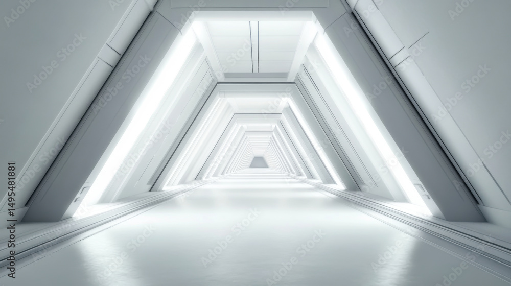 Empty Long Light Corridor. Modern white background. Futuristic Sci-Fi Triangle Tunnel Empty Long Light Corridor. Modern white background. Futuristic Sci-Fi Triangle Tunnel