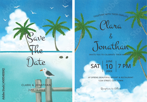 Set of watercolor tropical beach with palm tree wedding invitation