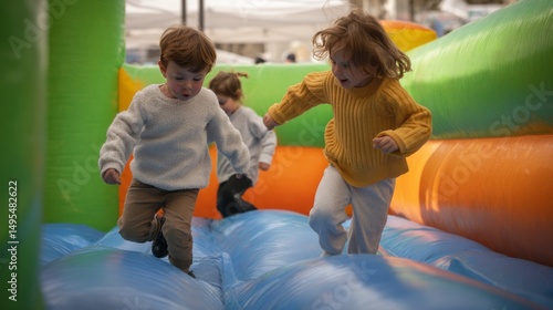 A group of children playing in a bounce house