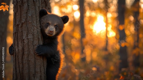 Adorable baby bear clinging to tree trunk in golden sunlight
