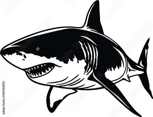 Majestic Great White Shark Silhouette: An intimidating black and white illustration of a great white shark, its powerful form and sharp teeth a testament to its apex predator status.