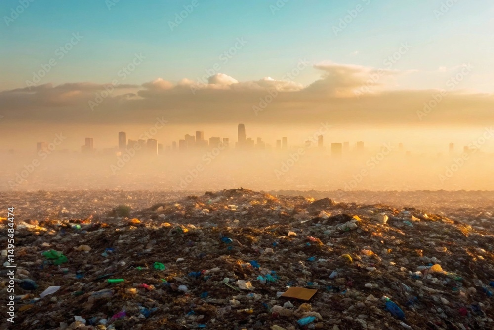 Obraz premium Giant landfill emitting methane with distant city in heat haze A city skyline shrouded in fog above a vast landfill.