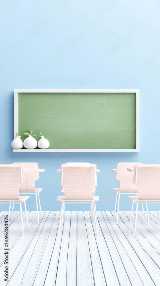 Modern classroom design with green chalkboard and minimalist white chairs