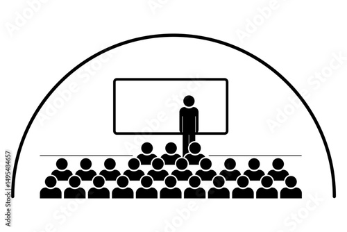 Lecturer presenting to audience in auditorium with projection screen icon symbol