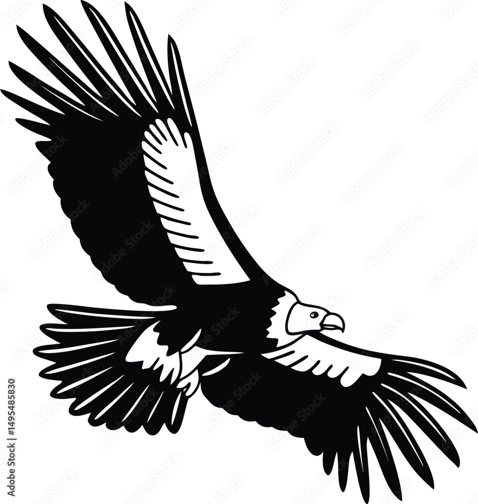 Obraz premium Soaring Silhouette: A powerful bird of prey gracefully glides through the air, its silhouette defined against the backdrop of a clear sky. The image embodies the spirit of freedom.