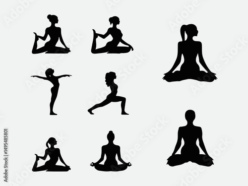Set of eight minimalist yoga pose silhouettes of women in balanced serene position