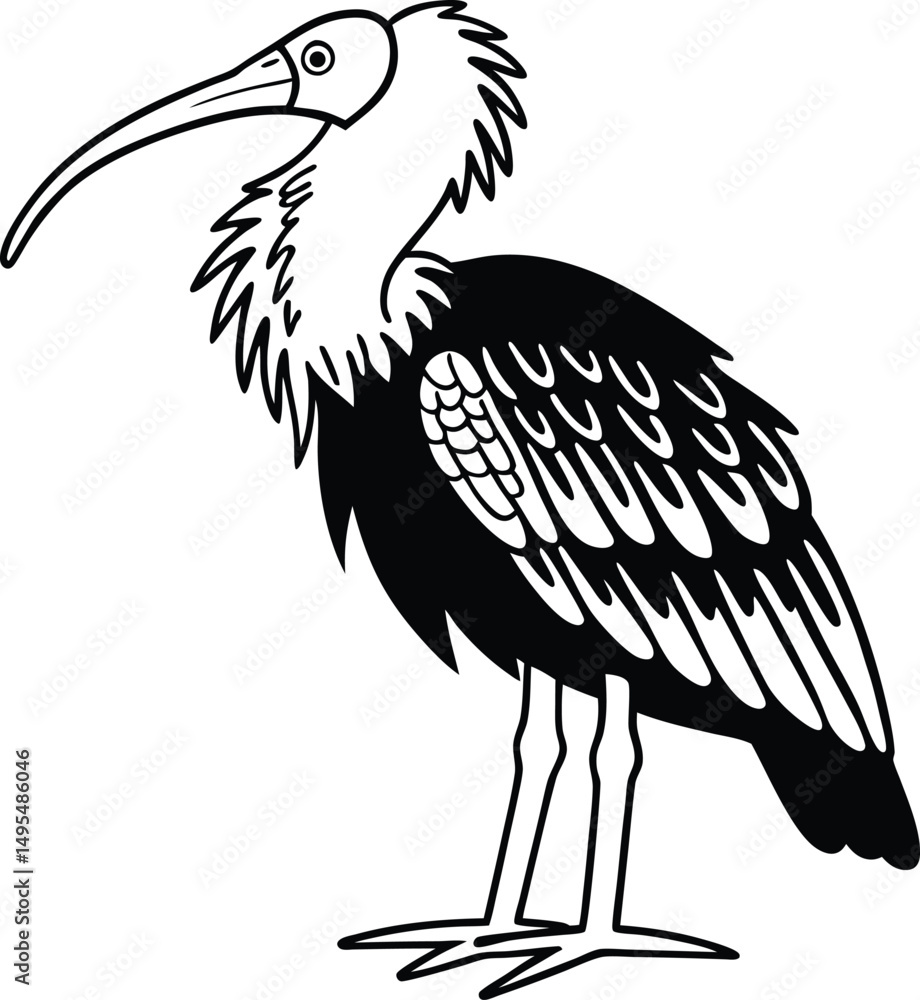 Fototapeta premium Elegant Ibis: A black and white illustration of an ibis, showcasing its long, downward-curving beak and slender legs. The bird stands in a serene pose.