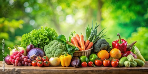 Fototapeta Naklejka Na Ścianę i Meble -  A Bountiful Harvest of Fresh Vegetables and Fruits Displayed on Rustic Wooden Table Against a Vibrant Green Background