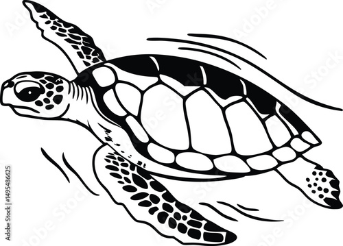 Sea Turtle Silhouette: A graceful sea turtle glides effortlessly through the ocean, captured in an elegant black and white illustration that celebrates the beauty of marine life.