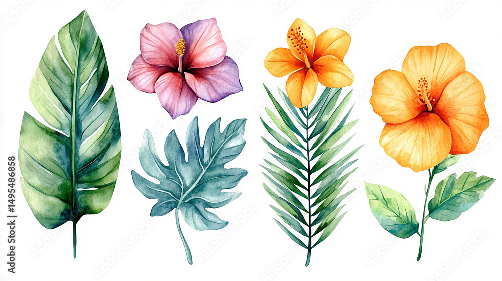 Obraz premium Elegant watercolor botanical illustration of assorted flowers and leaves, including roses, ranunculus, hibiscus, hyacinth, chrysanthemum, and palm leaf. Hand-painted style on a white background.