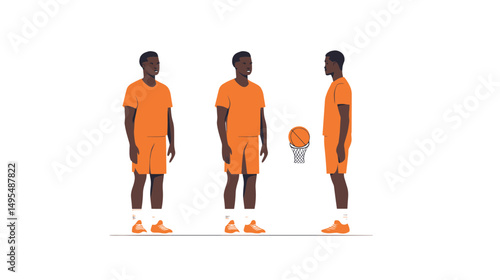 Three Angles of a Male Athlete in Orange Sportswear Engaged in Basketball Training Action