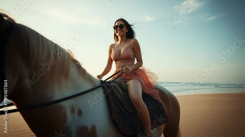 Woman riding horse on beach enjoying summer vacation with sunglasses