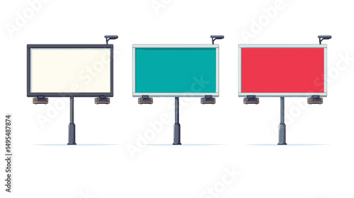 Three Blank Billboards in Different Colors with Adjustable Stands in an Urban Environment