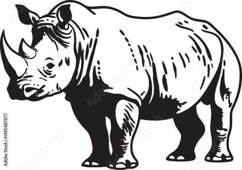 Resilient Rhino: A majestic rhinoceros, with its iconic horn and formidable presence, stands in stoic repose. This vector image portrays the essence of wildlife.