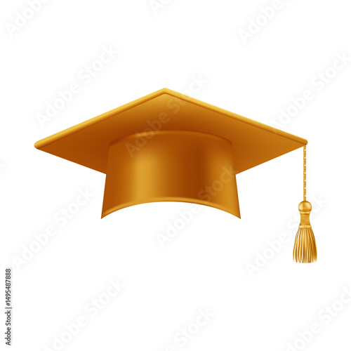 Realistic gold graduate cap. 3D Graduation Doctoral hat.