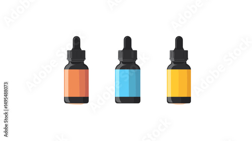 Three Colorful Dropper Bottles with Liquid on a White Background