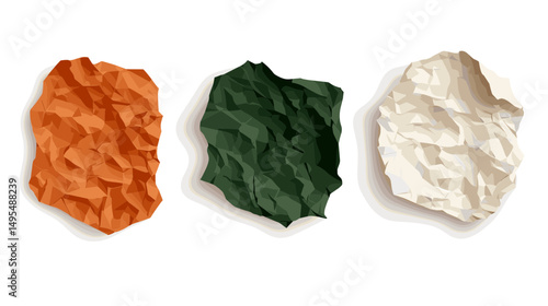 Three Crumpled Paper Shapes in Orange, Green, and Cream Arranged on a Clean White Background