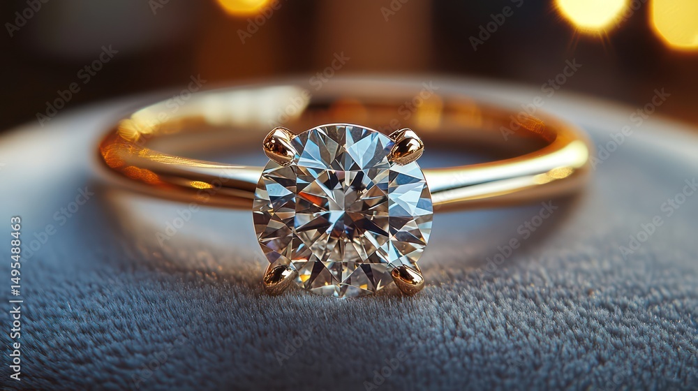Gold engagement ring with brilliant diamond on velvet, glowing with elegance. Gold engagement ring with brilliant diamond on velvet, glowing with elegance.