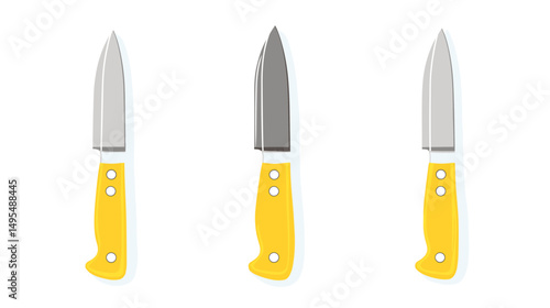 Three Distinct Knives With Yellow Handles Displaying Sharp Blades for Culinary Use in Kitchen Context