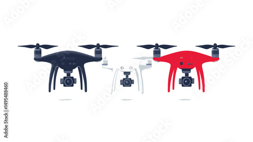 Three Drones in Distinct Colors of Black, White and Red Arranged on a White Background