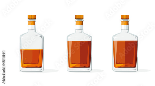 Three Glass Bottles of Amber Whiskey Displayed Against a White Background