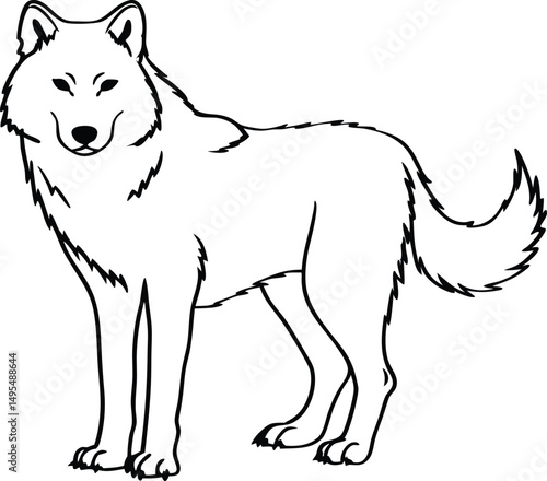 Wolf Outline Illustration: A sleek black-and-white outline illustration of a majestic wolf standing confidently, showcasing its form and distinctive features.