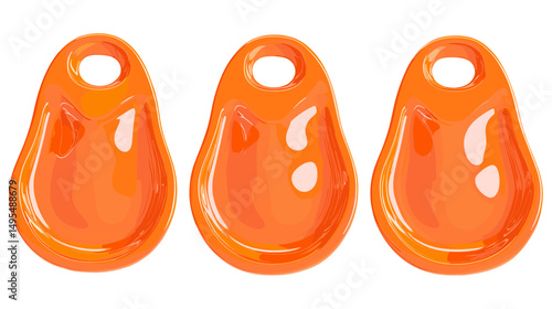 Three Glossy Orange Jelly Candies with a Whimsical Shape Arranged on a White Background