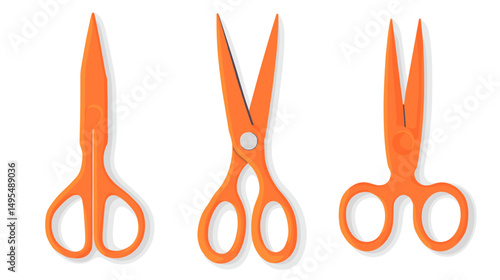 Three Pairs of Orange Scissors Displayed in a Row on a White Background for Crafting and Design