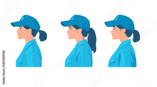 Three Profile Views of a Young Woman in a Blue Cap with Long Ponytail Character Illustration