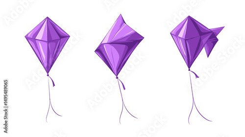 Three Purple Kites in Flight Against a Clear Sky Representing Playfulness and Freedom