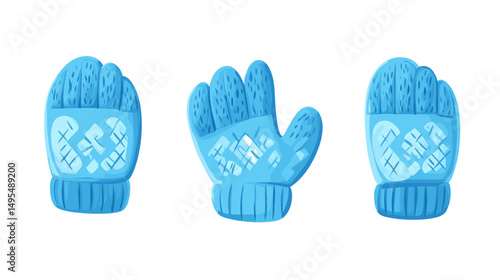 Three Stylish Blue Knitted Winter Gloves with Unique Patterns on a White Background