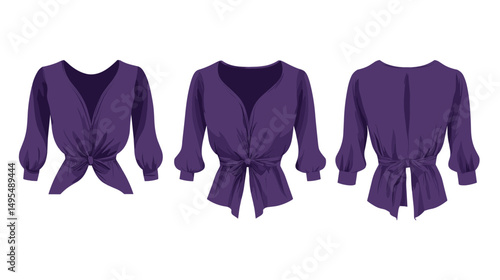 Three Views of a Stylish Purple Blouse with Balloon Sleeves and Tie Detail in Fashion Design