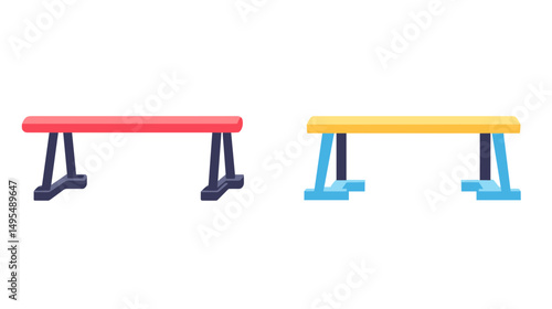 Two Gymnastics Balance Beams in Red and Yellow Colors Set Against a Clean Background