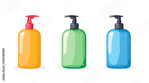 Variety of Colorful Pump Bottles for Cleaning and Personal Care Products on White Background