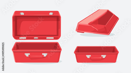 Versatile Red Plastic Storage Containers in Open and Closed Positions for Organizing Supplies