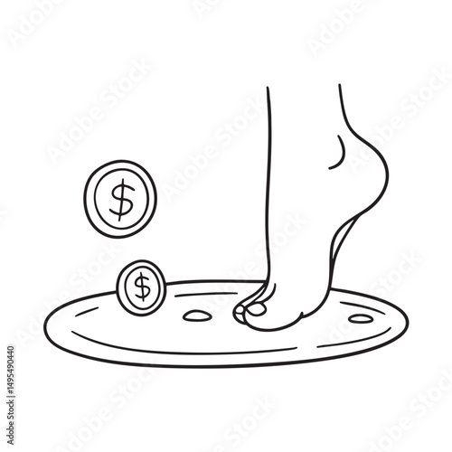 A foot toe beside a dropped coin on the carpet