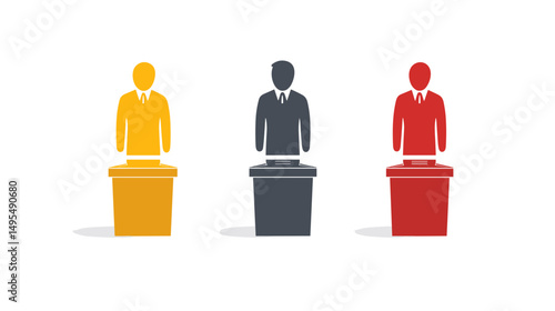 Three Abstract Business Figures in Different Colors Representing Voting and Political Participation