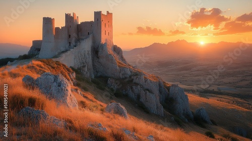 Ancient castle atop a hill at golden sunset