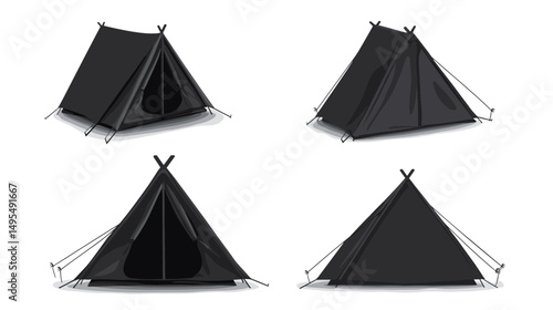 Set of Four Black Camping Tents with Different Angles and Designs for Outdoor Adventures