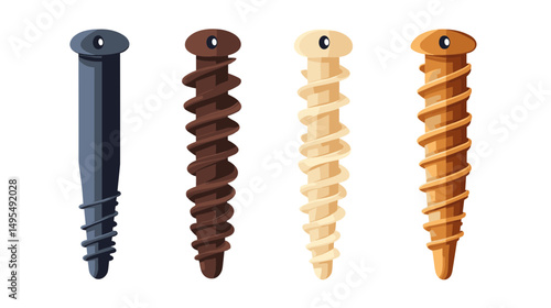 Set of Four Distinctive Screws in Varying Colors and Textures for Construction and Design Needs
