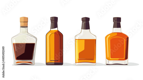 Set of Four Elegant Whiskey Bottles with Different Liquor Types and Colors on White Background