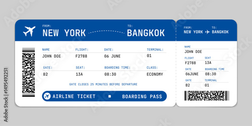 Boarding pass template. Airline boarding pass detailed travel ticket document. Blank boarding pass isolated. Vector illustration