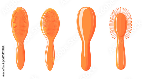 Set of Four Orange Hairbrushes for Grooming and Hair Care in Various Designs and Shapes