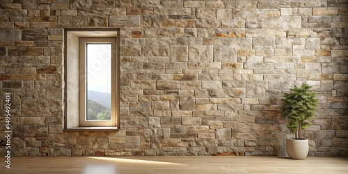 Serene Interior Design Featuring a Stone Wall, a Window with a Scenic View, and a Potted Plant