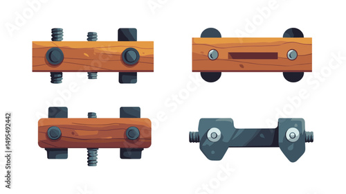Set of Four Various Wooden and Metal Connectors with Bolts and Screws for Mechanical Assembly