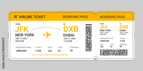 Boarding pass flight ticket template. Modern airplane boarding pass design, Yellow boarding pass ticket isolated.