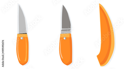 Set of Kitchen Utensils Featuring Modern Kitchen Knives with Orange Handles and Sharp Blades